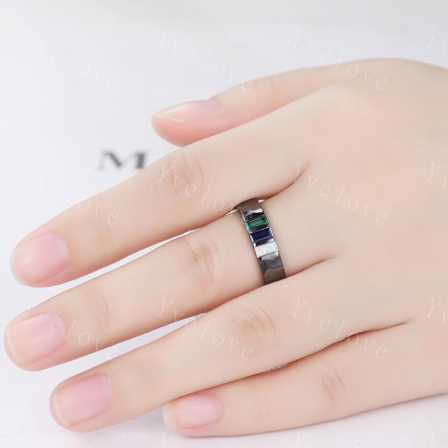 Mens Blue Sapphire Wedding Band Baguette Cut Emerald Opal Band 5mm Black Gold Ring Mens Hammered Stacking Matching Band Vintage Gift For Him