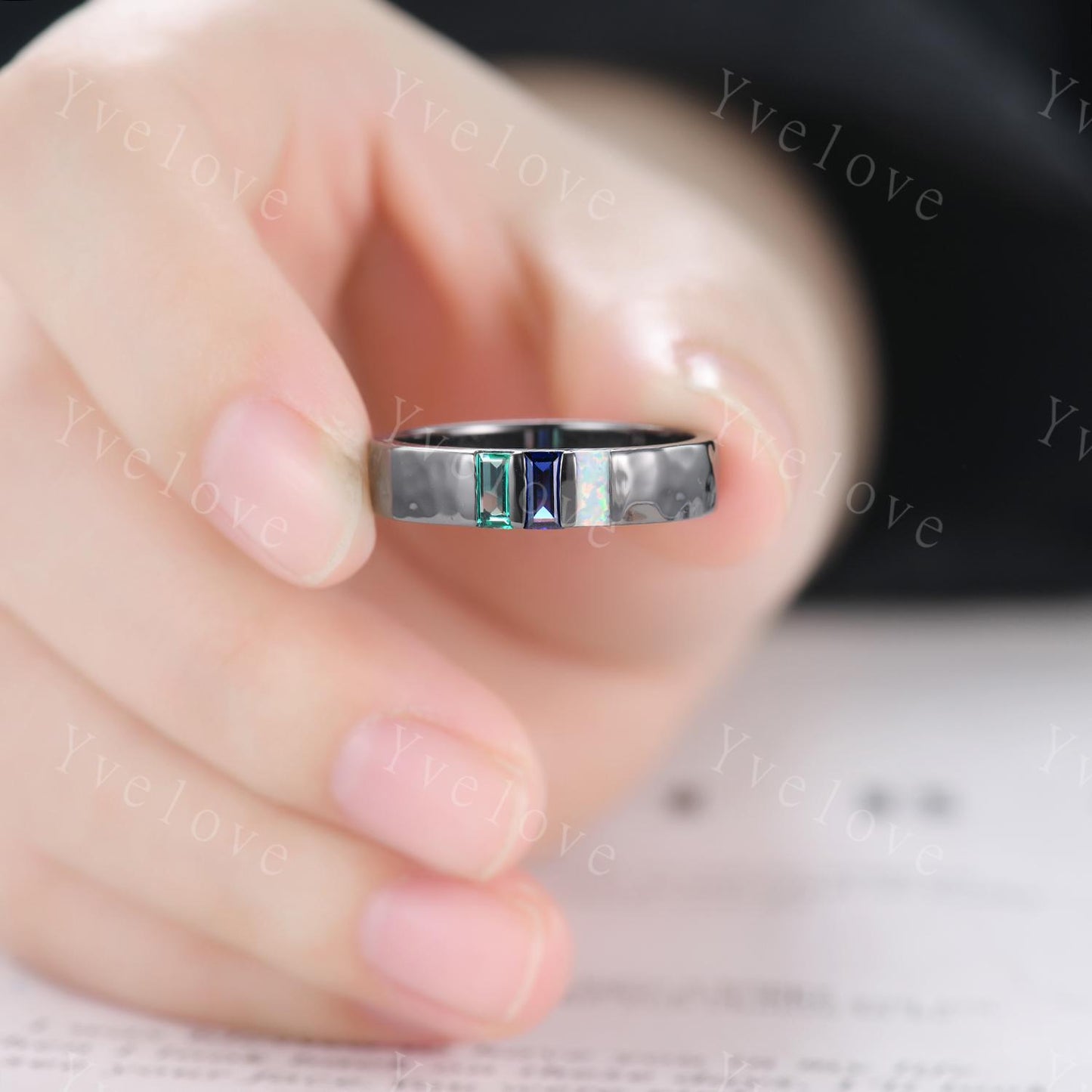 Mens Blue Sapphire Wedding Band Baguette Cut Emerald Opal Band 5mm Black Gold Ring Mens Hammered Stacking Matching Band Vintage Gift For Him