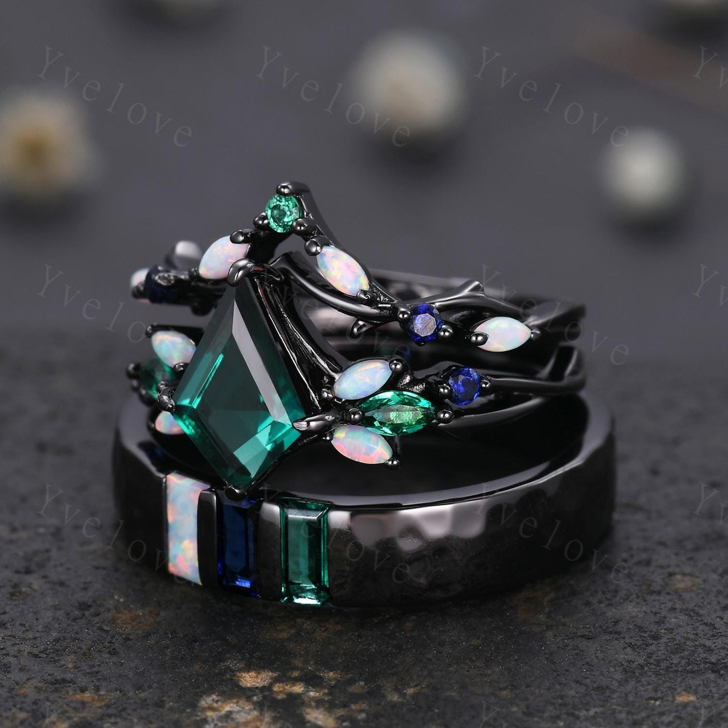 Couple Ring Set Mens Kite Green Emerald Engagement Ring Baguette Opal Sapphire Wedding Ring Black Band Mens Stacking Ring Birthstone Gift