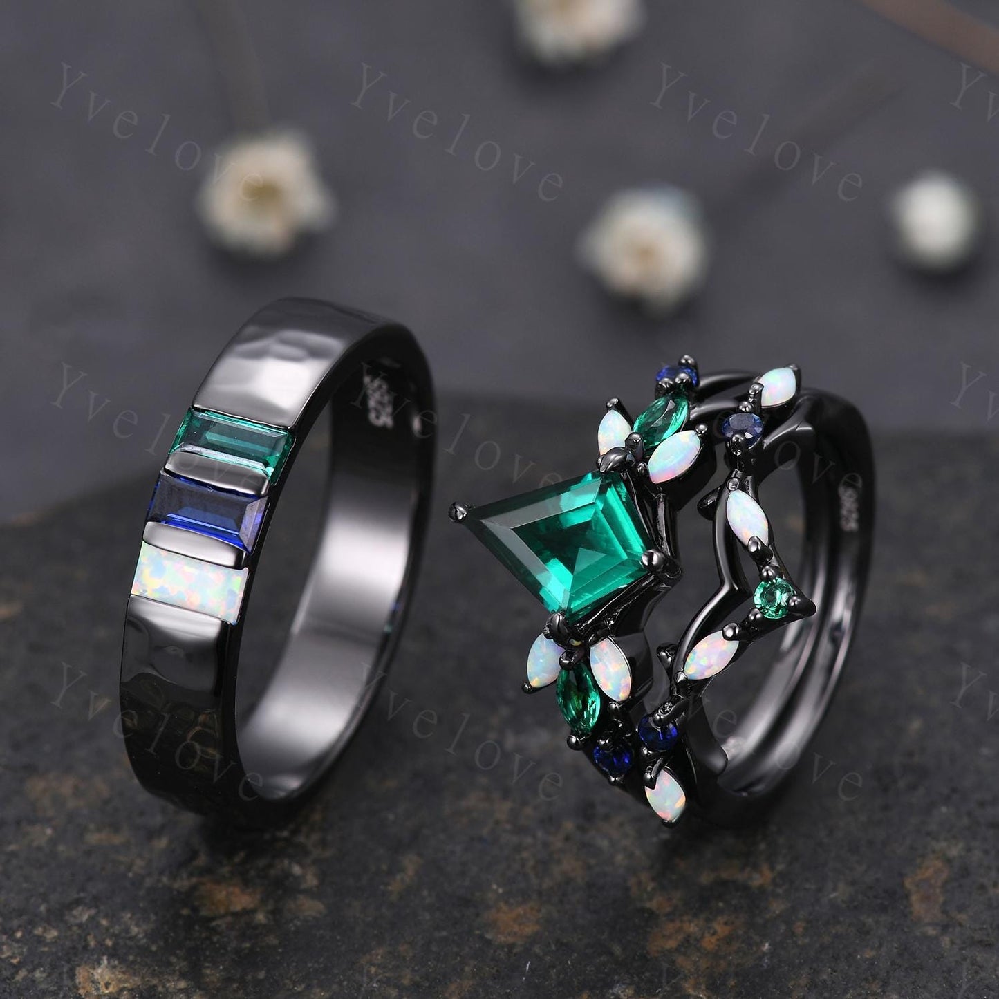 Couple Ring Set Mens Kite Green Emerald Engagement Ring Baguette Opal Sapphire Wedding Ring Black Band Mens Stacking Ring Birthstone Gift