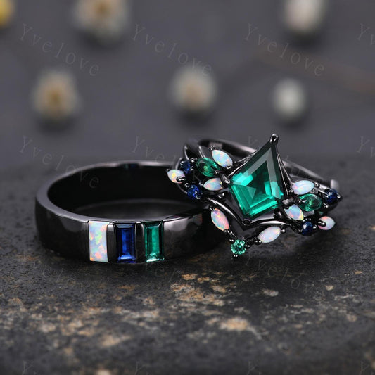 Couple Ring Set Mens Kite Green Emerald Engagement Ring Baguette Opal Sapphire Wedding Ring Black Band Mens Stacking Ring Birthstone Gift