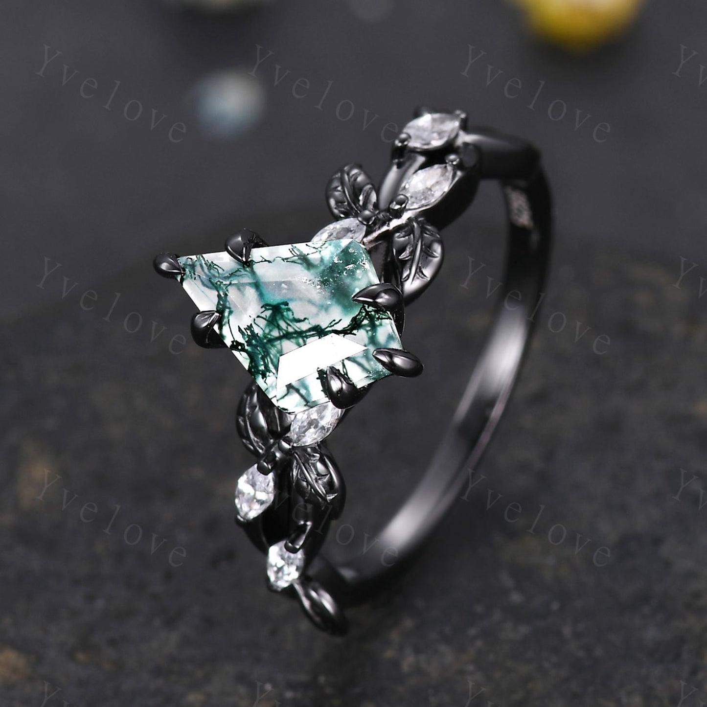 Gothic Kite Cut Moss Agate Ring,Vintage Cluster Vine Leaf Ring,Antique Moissanite Bridal Promise Ring Gift Nature Inspired Black Gold band