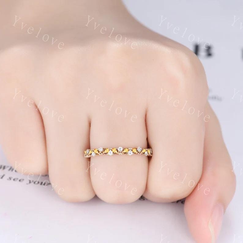 Marquise citrine wedding band 14k gold vintage yellow citrine ring diamond antique unique stacking matching band anniversary promise ring