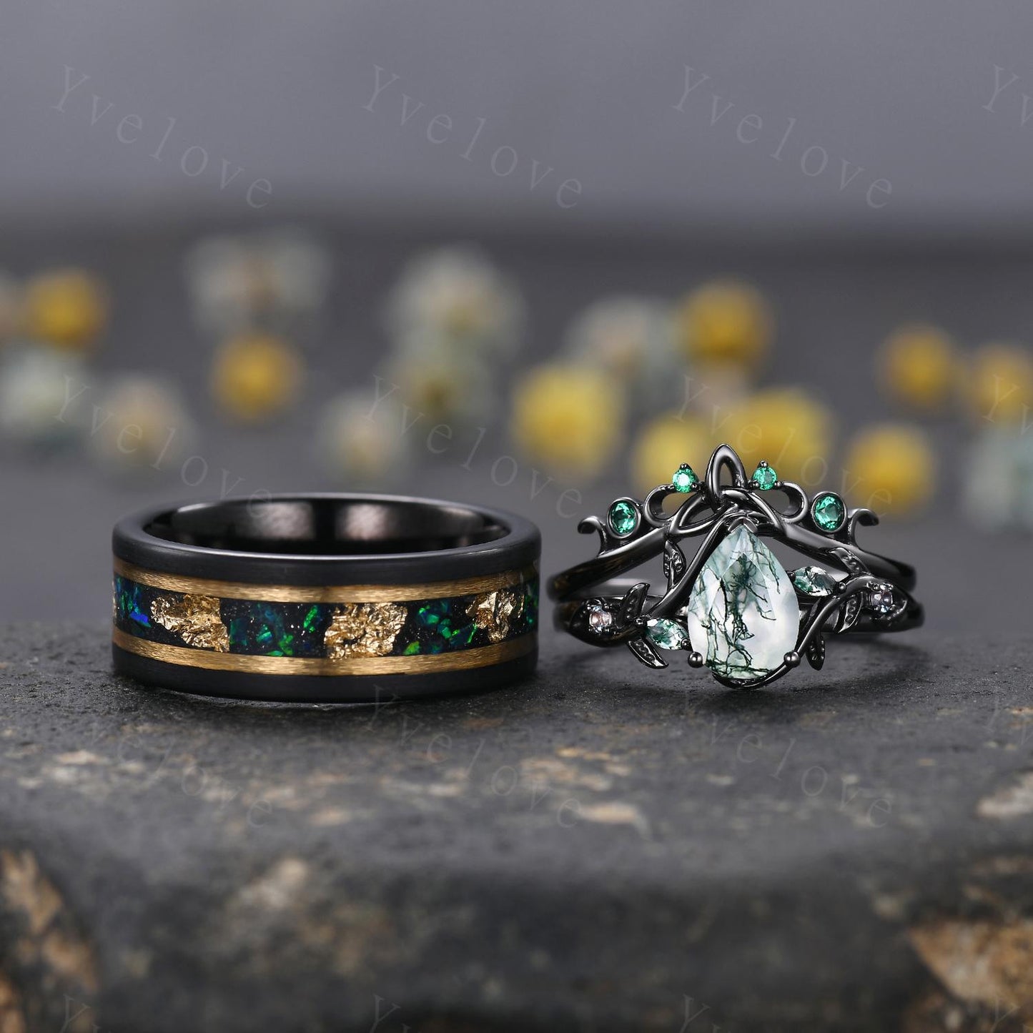 Teardrop Green Moss Agate Ring Set,His and Her Wedding Band,Emerald Black Tungsten Ring Matching Nature Couples Ring Black Engagement Ring