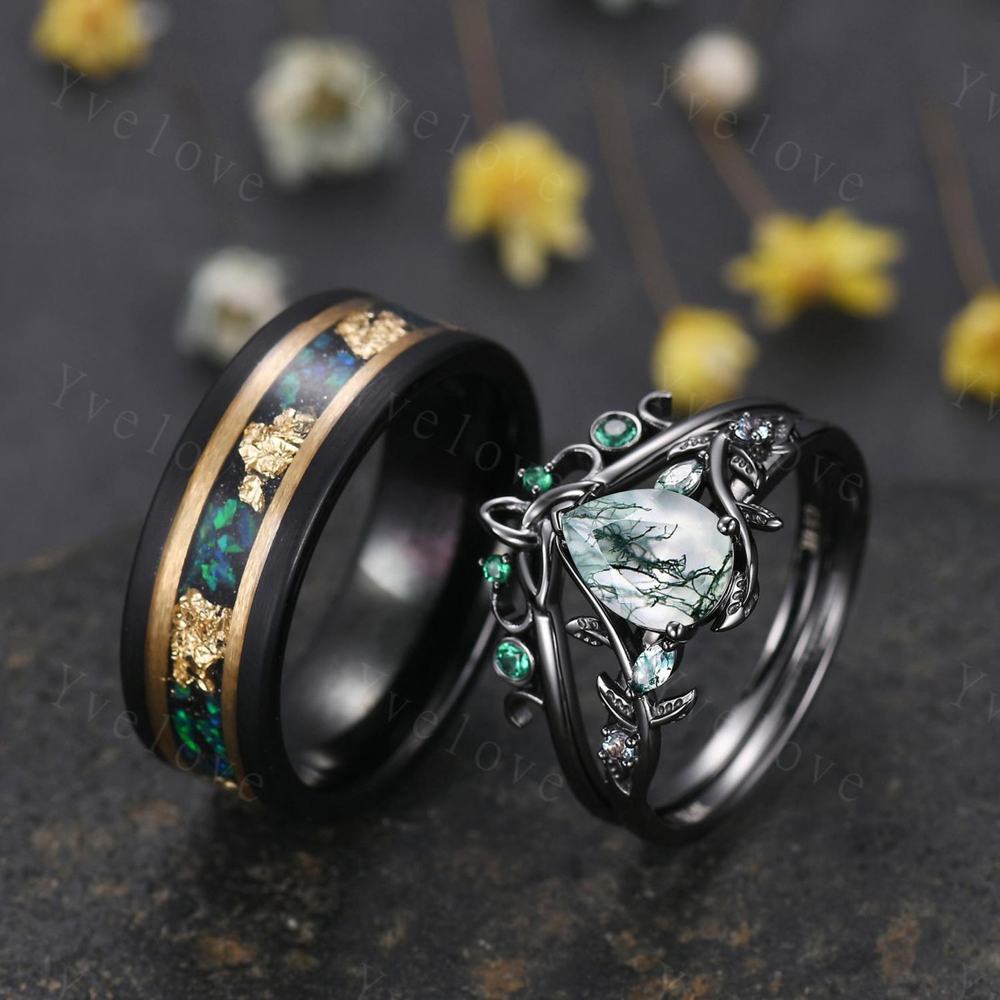 Teardrop Green Moss Agate Ring Set,His and Her Wedding Band,Emerald Black Tungsten Ring Matching Nature Couples Ring Black Engagement Ring