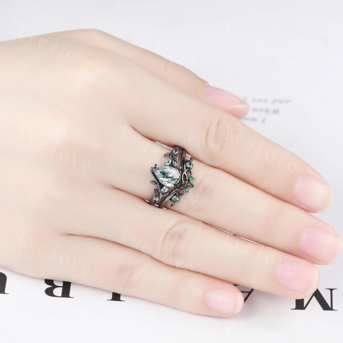 Teardrop Green Moss Agate Ring Set,His and Her Wedding Band,Emerald Black Tungsten Ring Matching Nature Couples Ring Black Engagement Ring