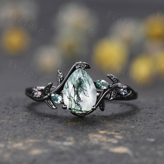 Teardrop Moss Agate Engagement Ring 14K Black Gold Leaf Nature Inspired Bridal Ring Promise Ring Green Gemstone Ring Jewelry Gifts For Her