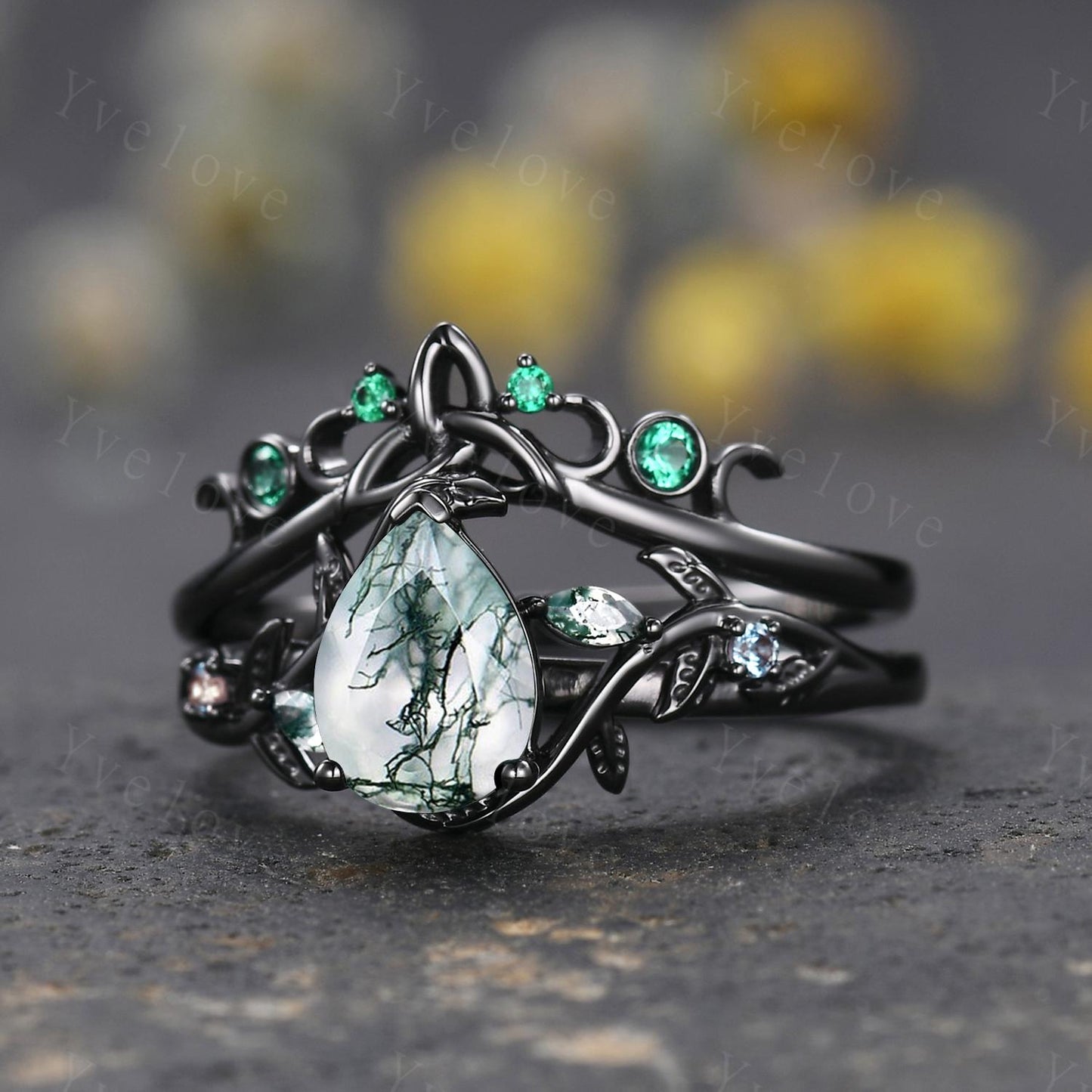Teardrop Moss Agate Engagement ring 14K Black Gold Leaf Nature Inspired Bridal Sets Promise Ring Green Gemstone Ring Jewelry gifts for her