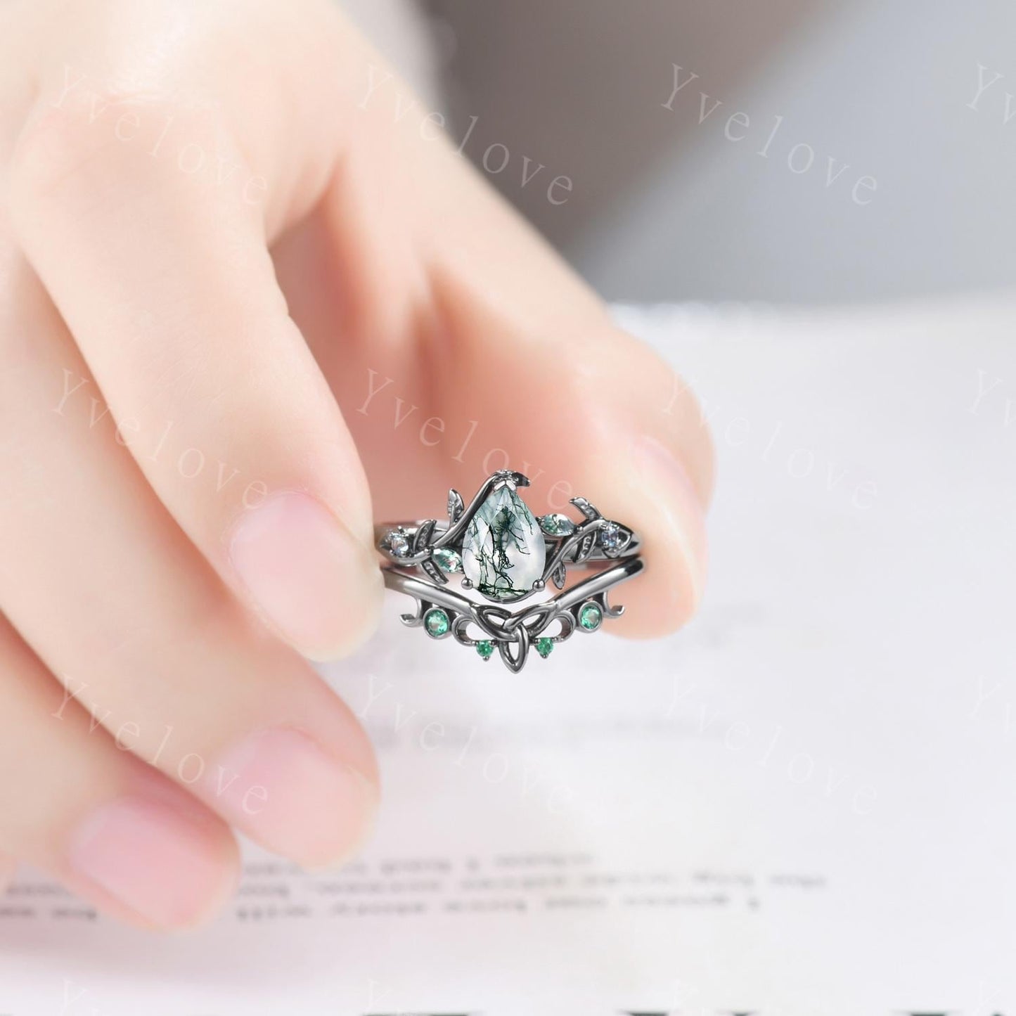 Teardrop Moss Agate Engagement Ring 14K Black Gold Leaf Nature Inspired Bridal Ring Promise Ring Green Gemstone Ring Jewelry Gifts For Her