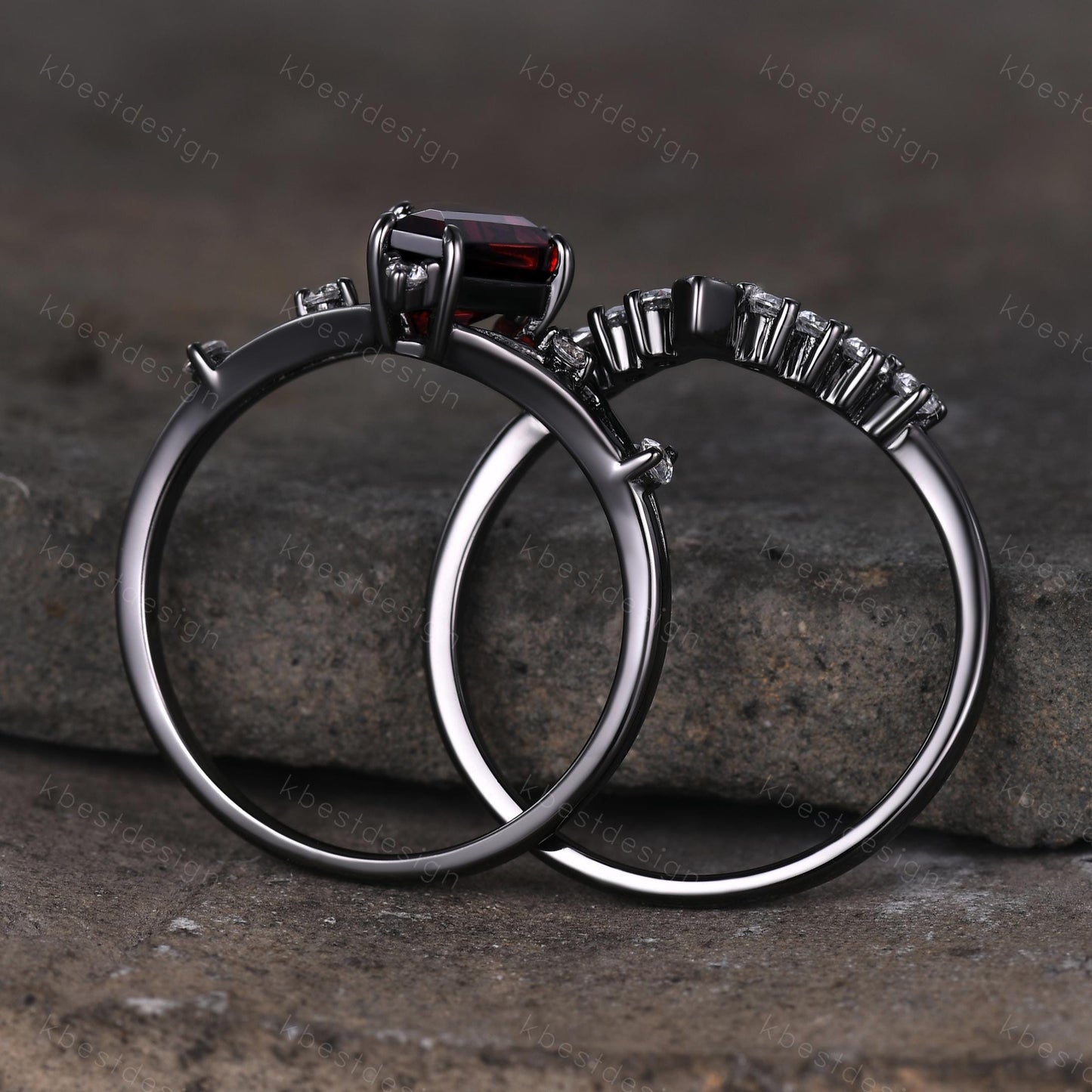 Gothic Garnet Engagement Ring Set Black Gold Rings For Women Unique Curved Moissanite Stacking Band Art Deco Shank Ring Promise Ring