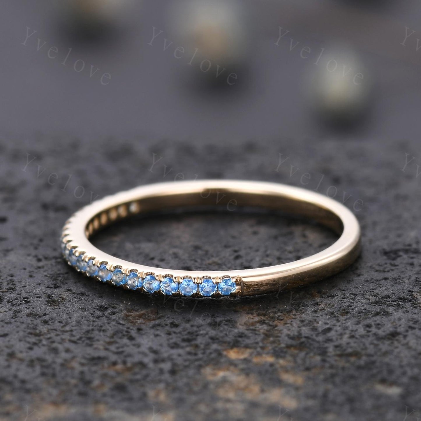 Swiss blue topaz wedding ring 14k white gold wedding band half eternity blue topaz matching band stacking ring anniversary gift for women