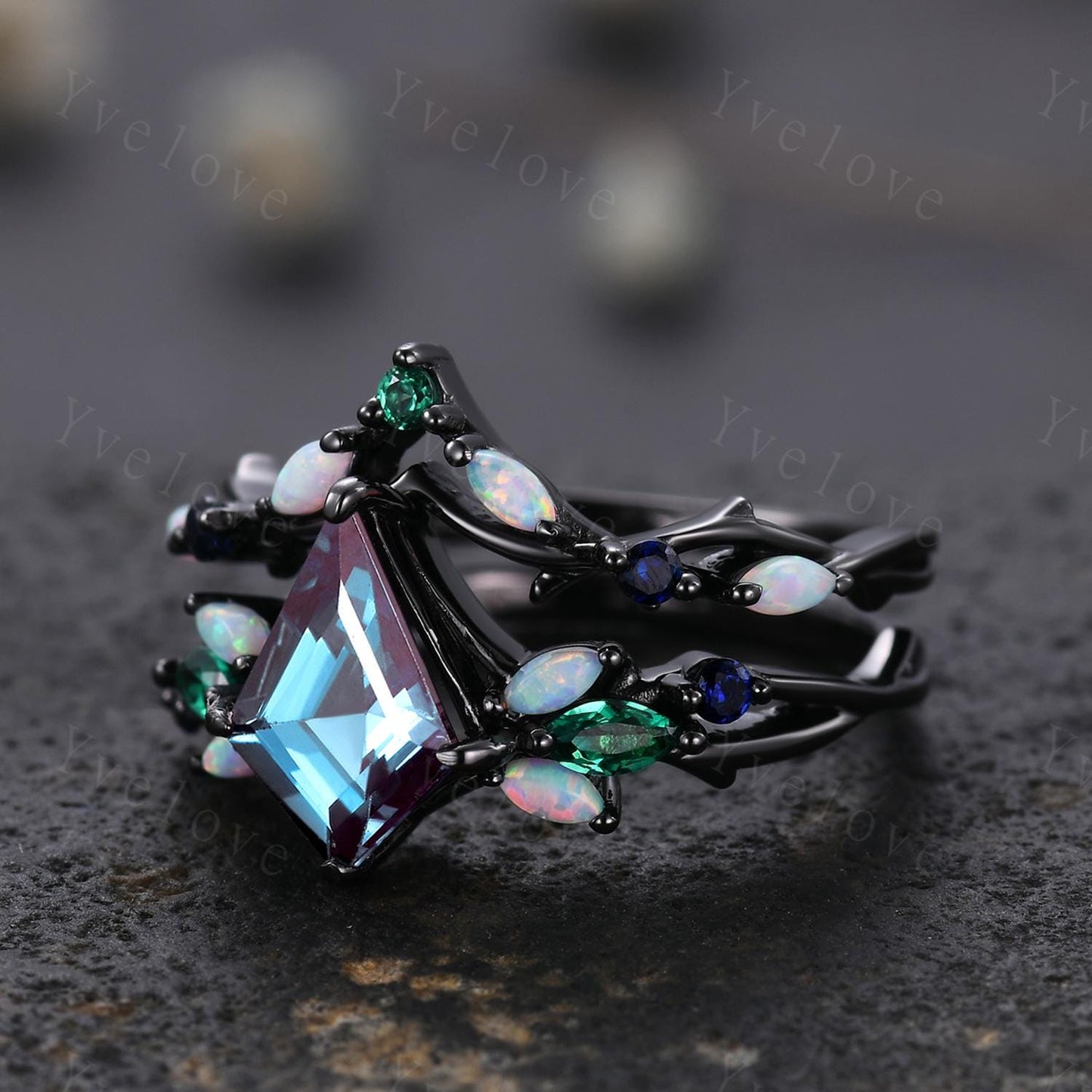 Vintage Kite Alexandrite Engagement Ring Set,Black Gold,Vines Emerald Opal Ring,Women Bridal Set,Unique Twig Anniversary Promise Ring Gift