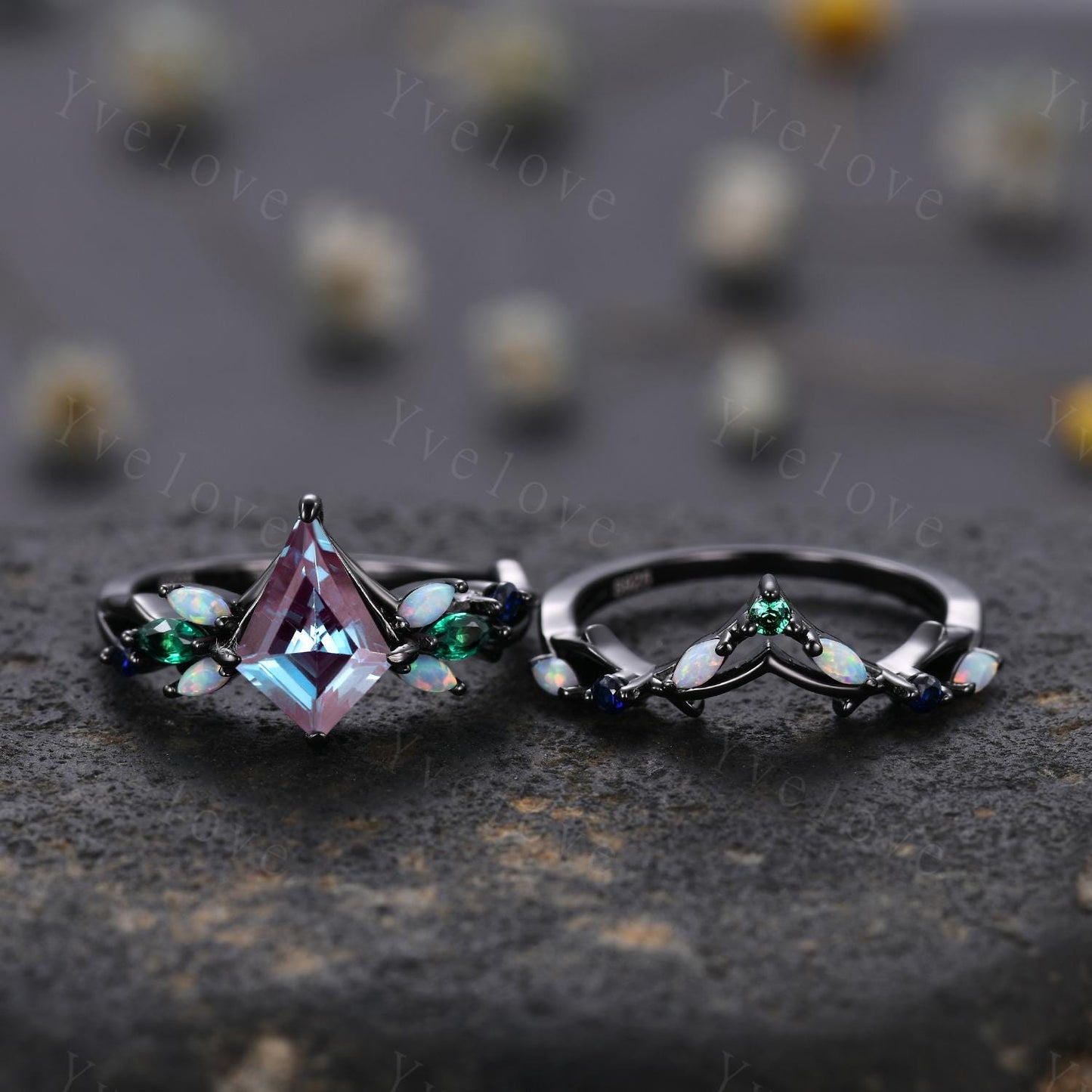 Vintage Kite Alexandrite Engagement Ring Set,Black Gold,Vines Emerald Opal Ring,Women Bridal Set,Unique Twig Anniversary Promise Ring Gift