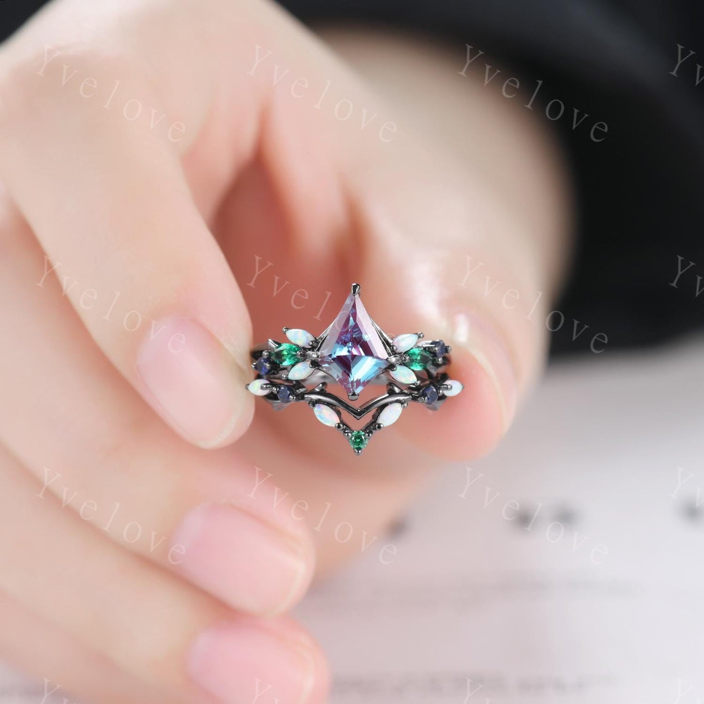 Vintage Kite Alexandrite Engagement Ring Set,Black Gold,Vines Emerald Opal Ring,Women Bridal Set,Unique Twig Anniversary Promise Ring Gift