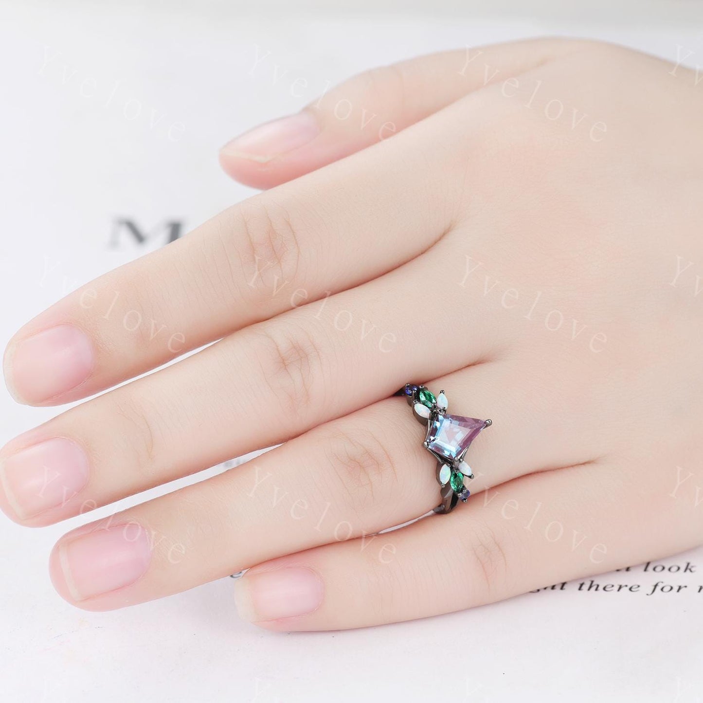 Vintage Kite Alexandrite Engagement Ring Set,Black Gold,Vines Emerald Opal Ring,Women Bridal Set,Unique Twig Anniversary Promise Ring Gift