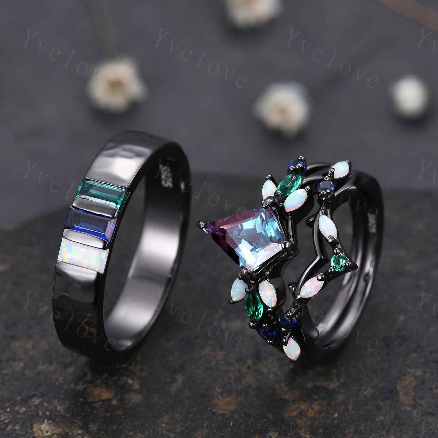 Couple Ring Set Mens Kite Alexandrite Engagement Ring Baguette Opal Sapphire Wedding Ring Black Band Mens Stacking Ring Birthstone Gift
