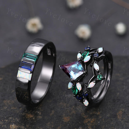 Couple Ring Set Mens Kite Alexandrite Engagement Ring Baguette Opal Sapphire Wedding Ring Black Band Mens Stacking Ring Birthstone Gift