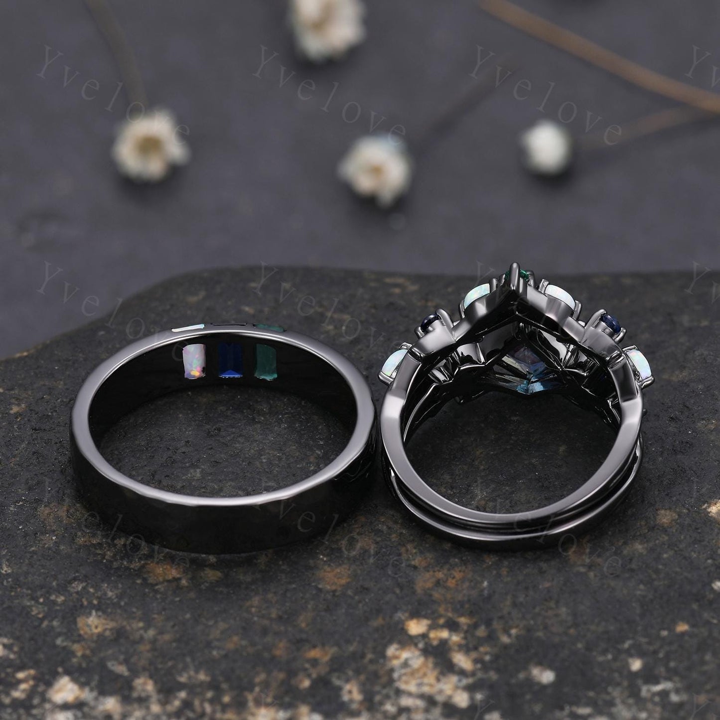Couple Ring Set Mens Kite Alexandrite Engagement Ring Baguette Opal Sapphire Wedding Ring Black Band Mens Stacking Ring Birthstone Gift