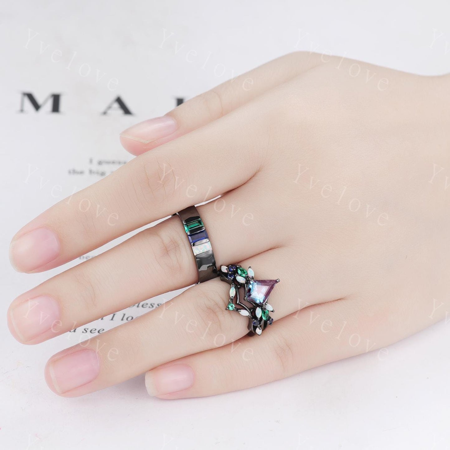 Couple Ring Set Mens Kite Alexandrite Engagement Ring Baguette Opal Sapphire Wedding Ring Black Band Mens Stacking Ring Birthstone Gift