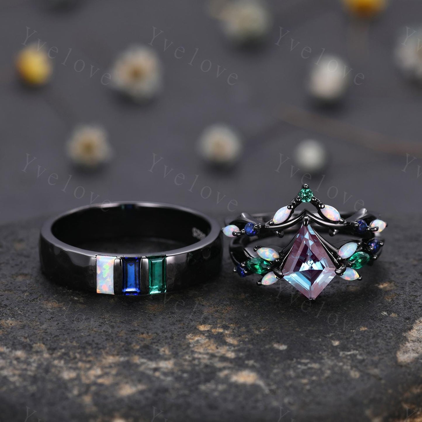 Couple Ring Set Mens Kite Alexandrite Engagement Ring Baguette Opal Sapphire Wedding Ring Black Band Mens Stacking Ring Birthstone Gift
