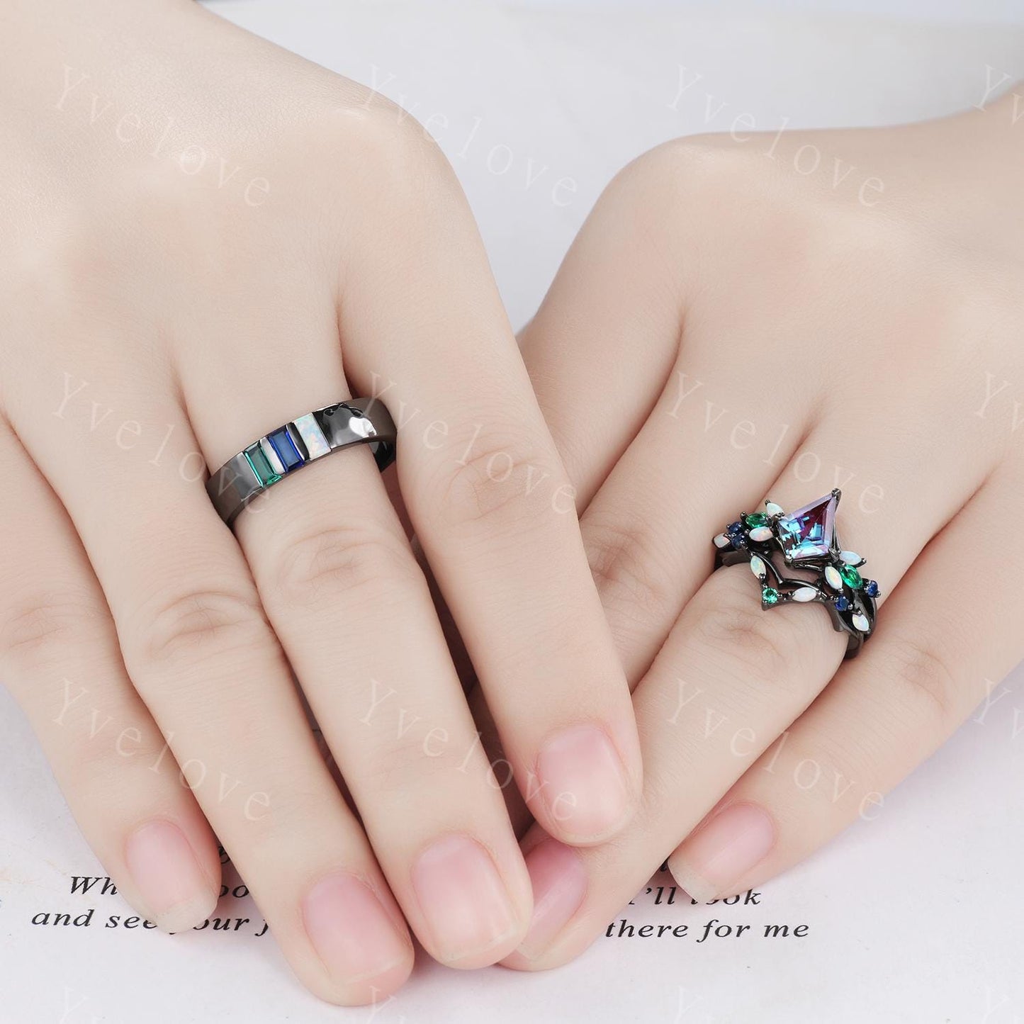 Couple Ring Set Mens Kite Alexandrite Engagement Ring Baguette Opal Sapphire Wedding Ring Black Band Mens Stacking Ring Birthstone Gift