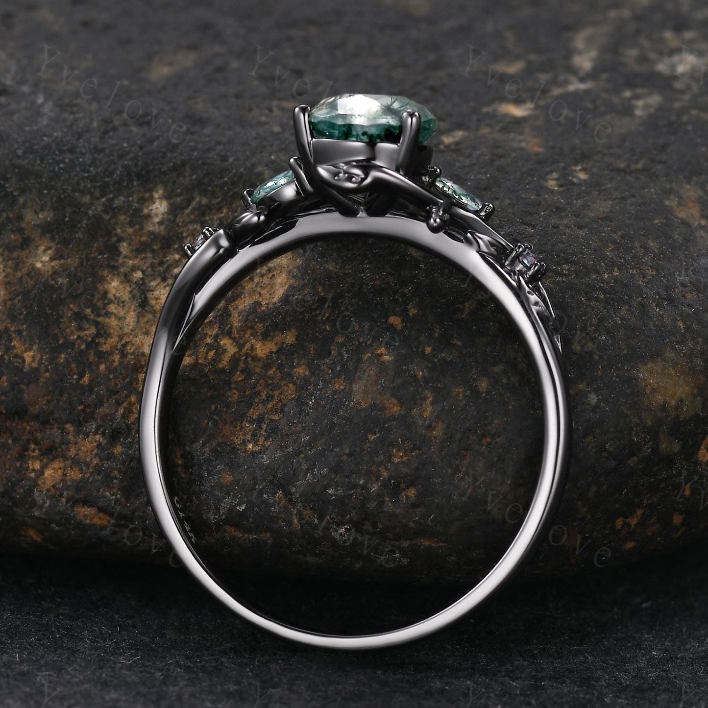 Teardrop Moss Agate Engagement Ring 14K Black Gold Leaf Nature Inspired Bridal Ring Promise Ring Green Gemstone Ring Jewelry Gifts For Her