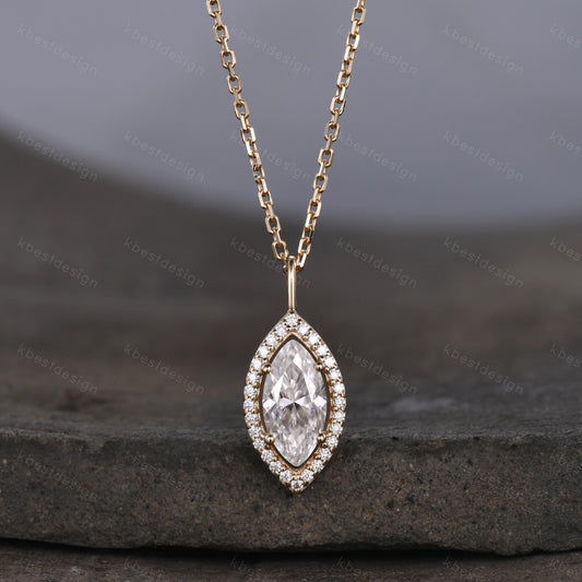 Marquise cut Moissanite necklace 14k solid gold halo moissanite diamond necklace pendant Vintage bridal anniversary gift for her