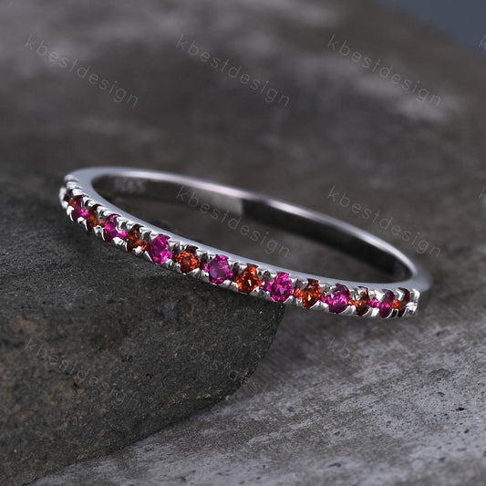 Garnet and Ruby Wedding Ring, Half Eternity Band, Garnet Wedding Ring, Two Birthstone Ring, Gemstone Band, Anniversary Ring