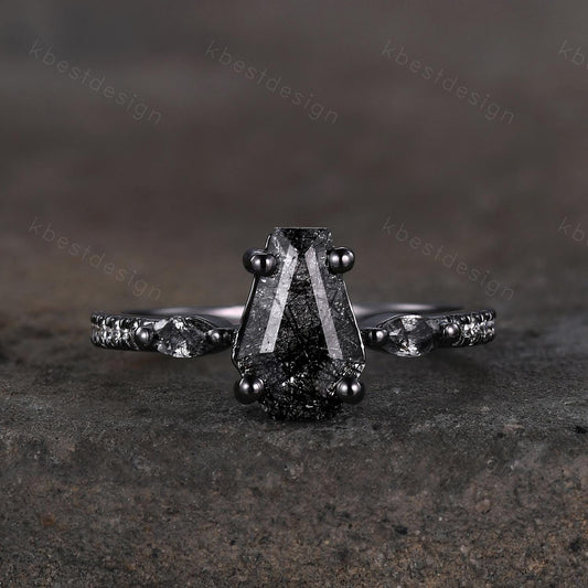 Vintage coffin cut black rutilated quartz ring Gothic black gold engagement ring unique ring Moissanite accents Anniversary promise ring