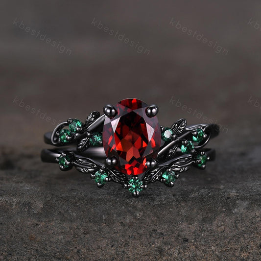 Oval cut Garnet engagement ring set black gold twig leaf emerald ring nature branch ring unique art deco bridal wedding ring set