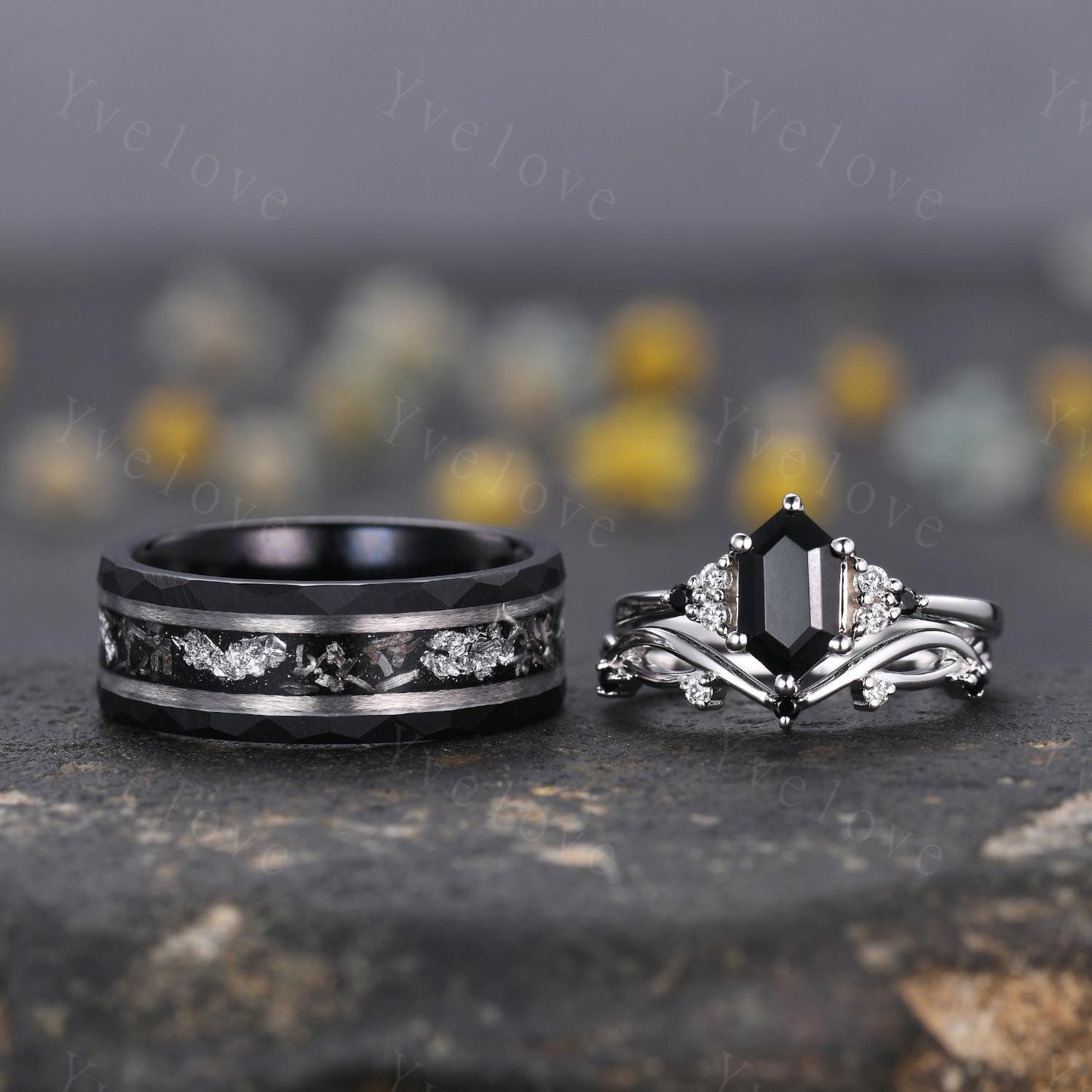 Hexagon Blue Onyx Couples Ring Set,Meteorite Ring,His and Hers Wedding Band,Mens Tungsten Black Gold Silver Anniversary Promise Ring Gift