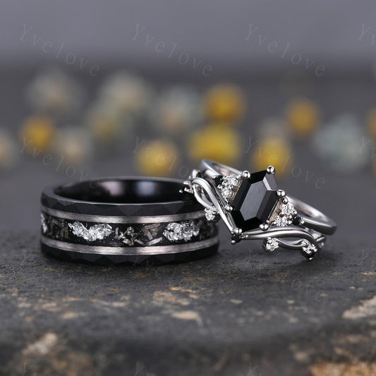 Hexagon Blue Onyx Couples Ring Set,Meteorite Ring,His and Hers Wedding Band,Mens Tungsten Black Gold Silver Anniversary Promise Ring Gift