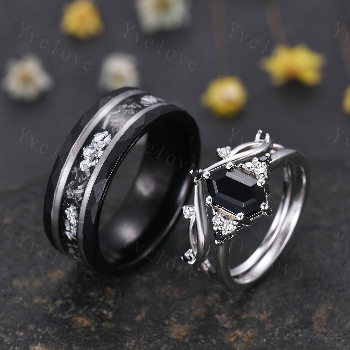 Hexagon Blue Onyx Couples Ring Set,Meteorite Ring,His and Hers Wedding Band,Mens Tungsten Black Gold Silver Anniversary Promise Ring Gift