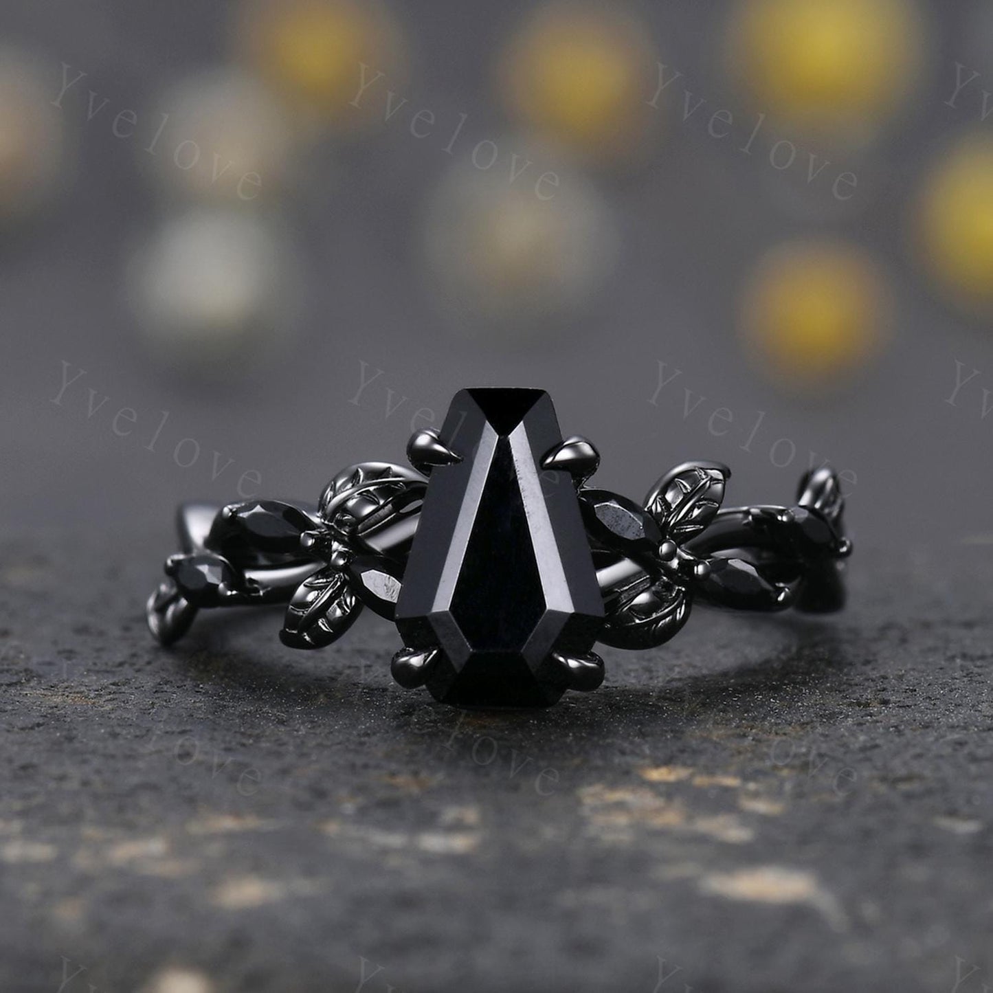 Coffin Shape Black Onyx Ring,Vintage Twig Vine Leaf Ring,Antique Black Onyx Bridal Promise Ring Set Nature Inspired Black Gold band