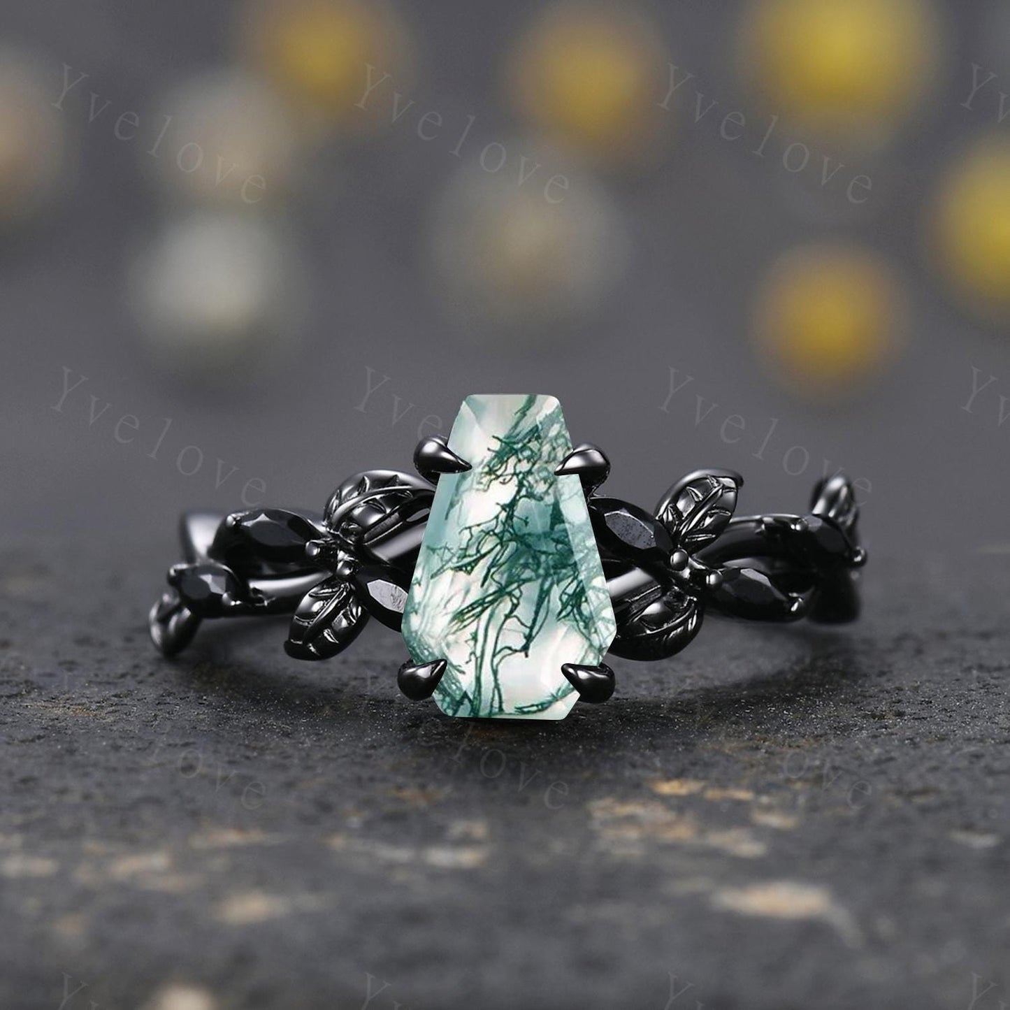 Coffin Shape Moss Agate Ring,Vintage Twig Vine Leaf Ring,Antique Green Agate Bridal Promise Ring Set Nature Inspired Black Gold band
