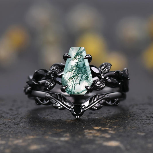 Coffin Shape Moss Agate Ring,Vintage Twig Vine Leaf Ring,Antique Green Agate Bridal Promise Ring Set Nature Inspired Black Gold band