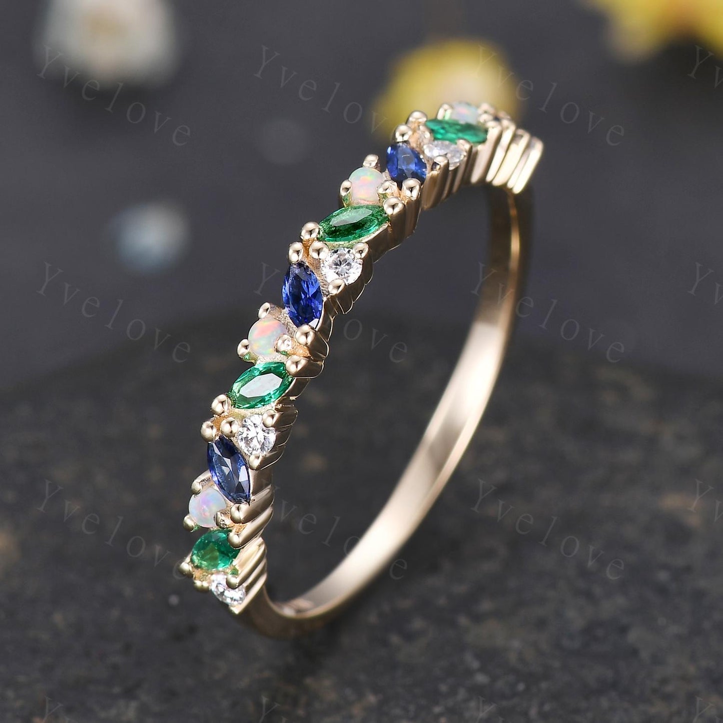 Emerald sapphire wedding band half eternity art deco opal ring gold ring marquise gems promise bridal stacking matching band May birthstone