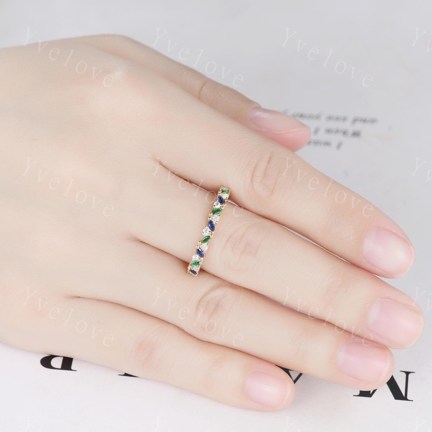 Emerald sapphire wedding band half eternity art deco opal ring gold ring marquise gems promise bridal stacking matching band May birthstone