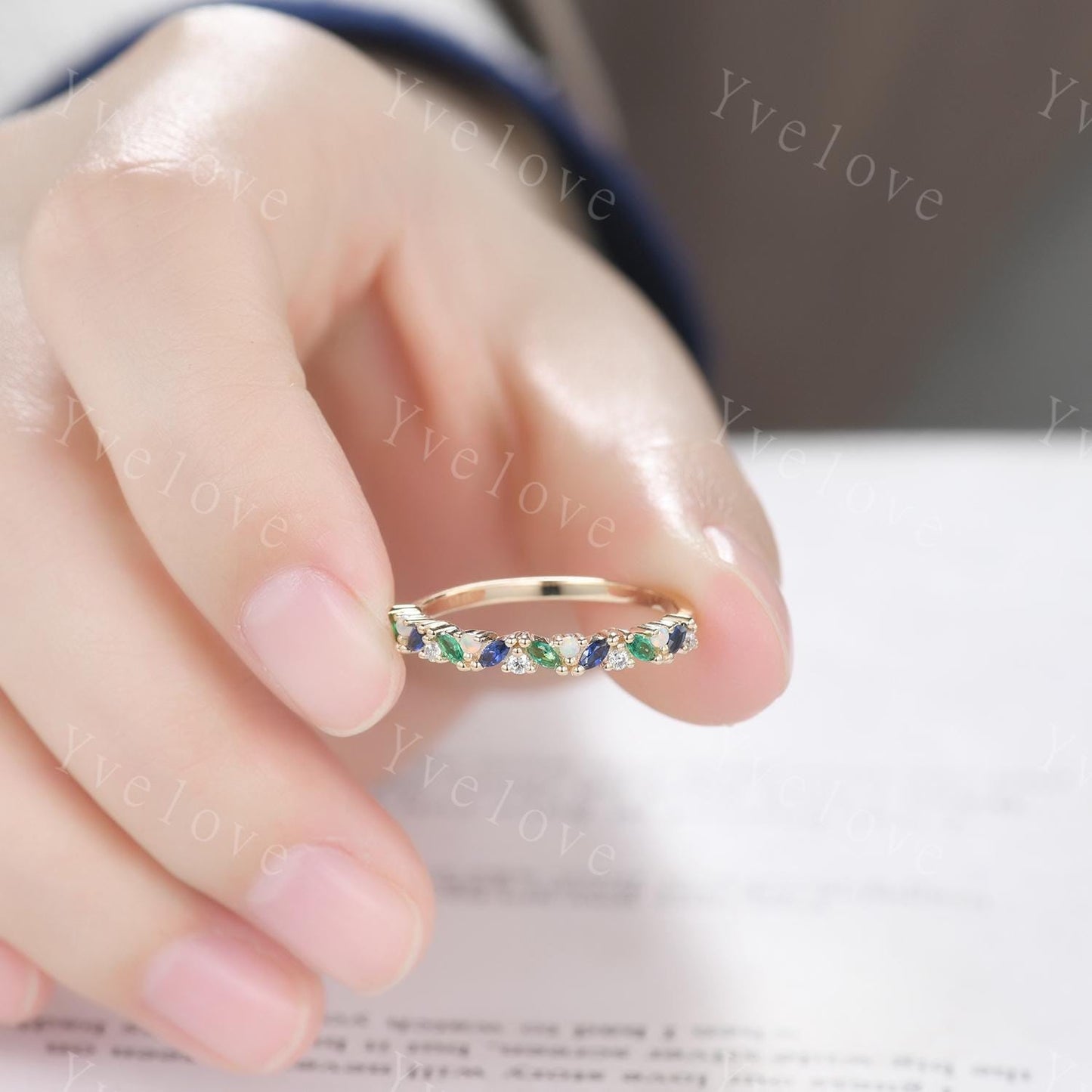Emerald sapphire wedding band half eternity art deco opal ring gold ring marquise gems promise bridal stacking matching band May birthstone