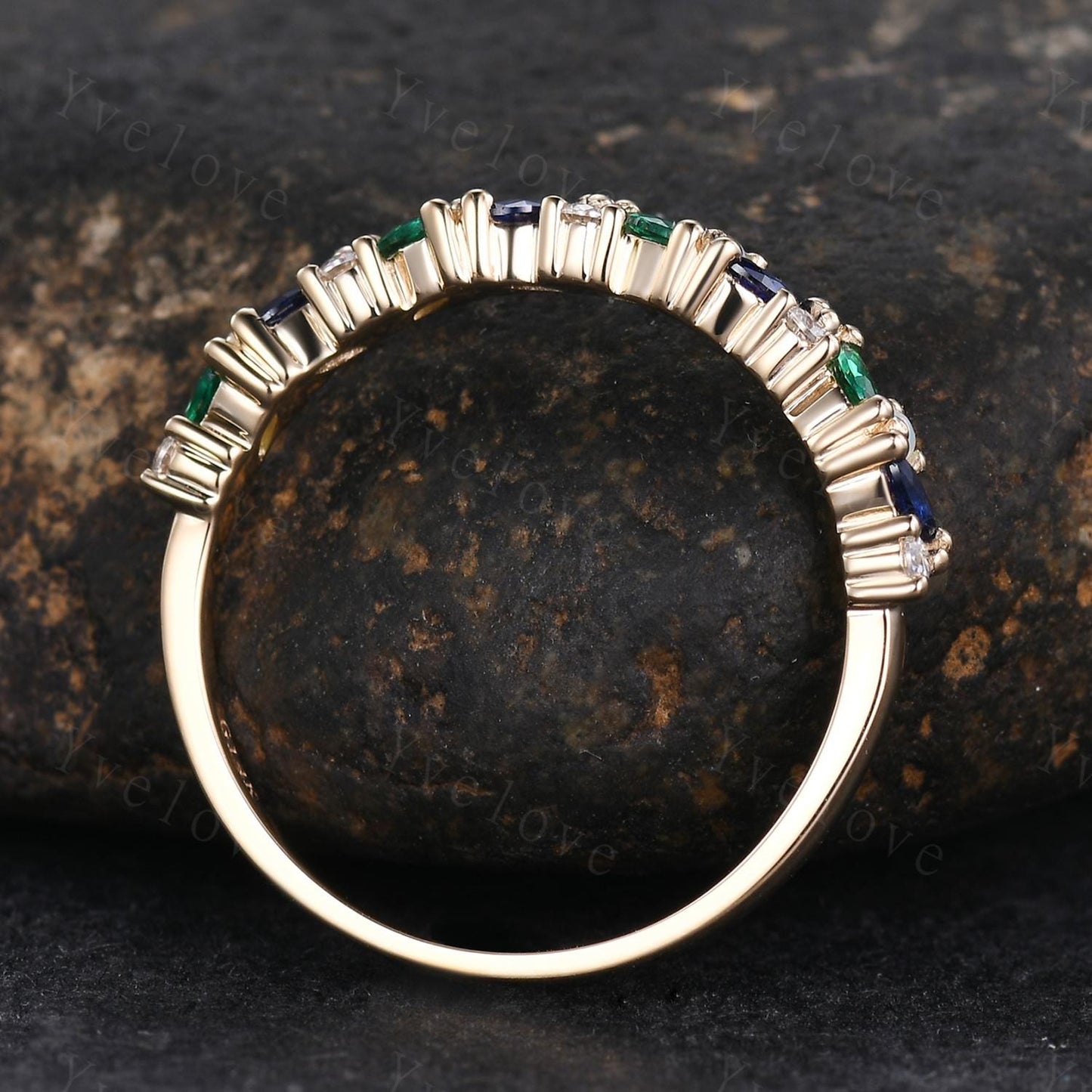 Emerald sapphire wedding band half eternity art deco opal ring gold ring marquise gems promise bridal stacking matching band May birthstone