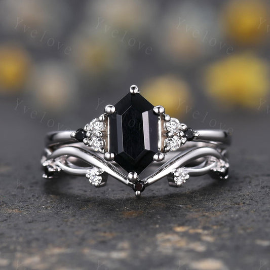 Retro hexagon Black Onyx Ring,Vintage Silver Ring Set,Unique Black Onyx Engagement Ring,Diamond Promise Ring,Anniversary Ring Gift For Her