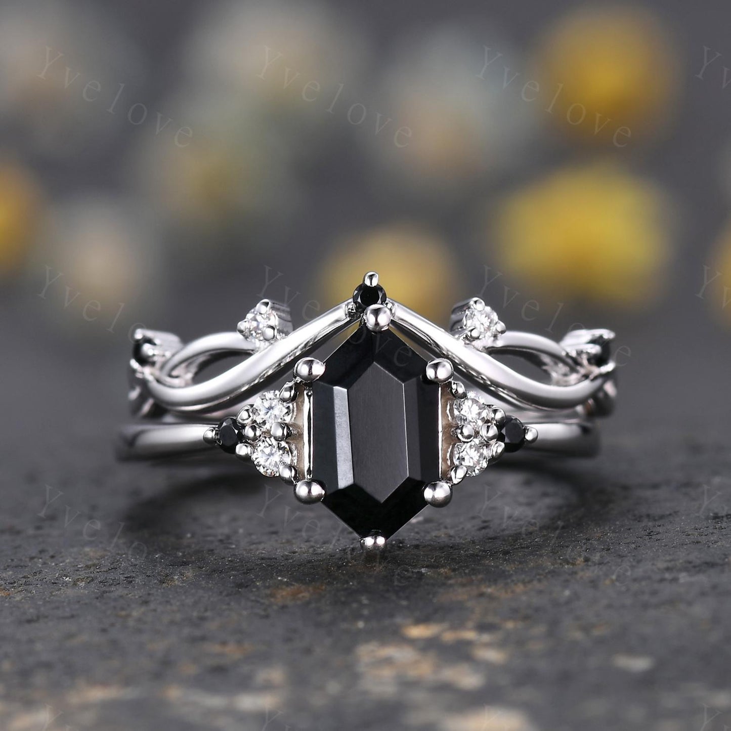 Retro hexagon Black Onyx Ring,Vintage Silver Ring Set,Unique Black Onyx Engagement Ring,Diamond Promise Ring,Anniversary Ring Gift For Her
