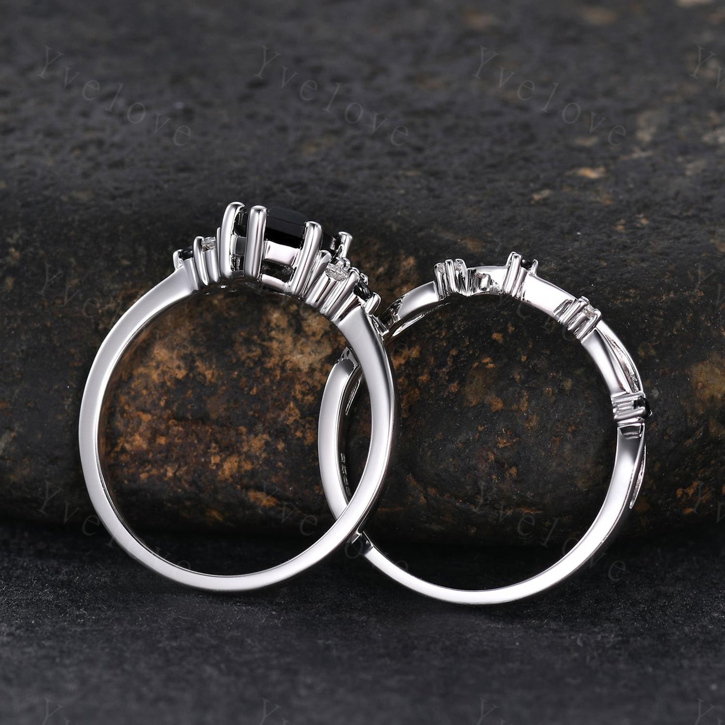 Retro hexagon Black Onyx Ring,Vintage Silver Ring Set,Unique Black Onyx Engagement Ring,Diamond Promise Ring,Anniversary Ring Gift For Her