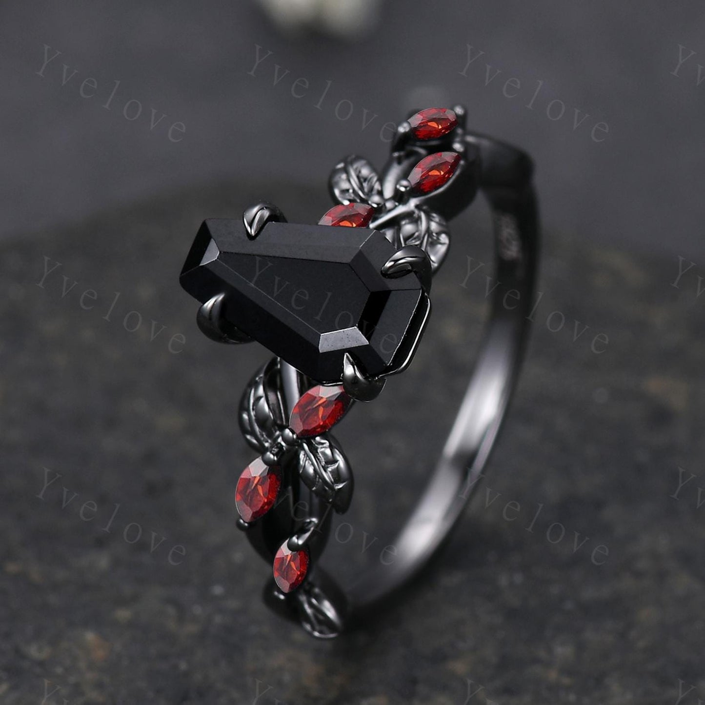 Coffin Shape Black Onyx Ring,Vintage Twig Vine Leaf Ring,Antique Red Garnet Bridal Promise Ring Set Anniversary Gift 14k Black Gold band