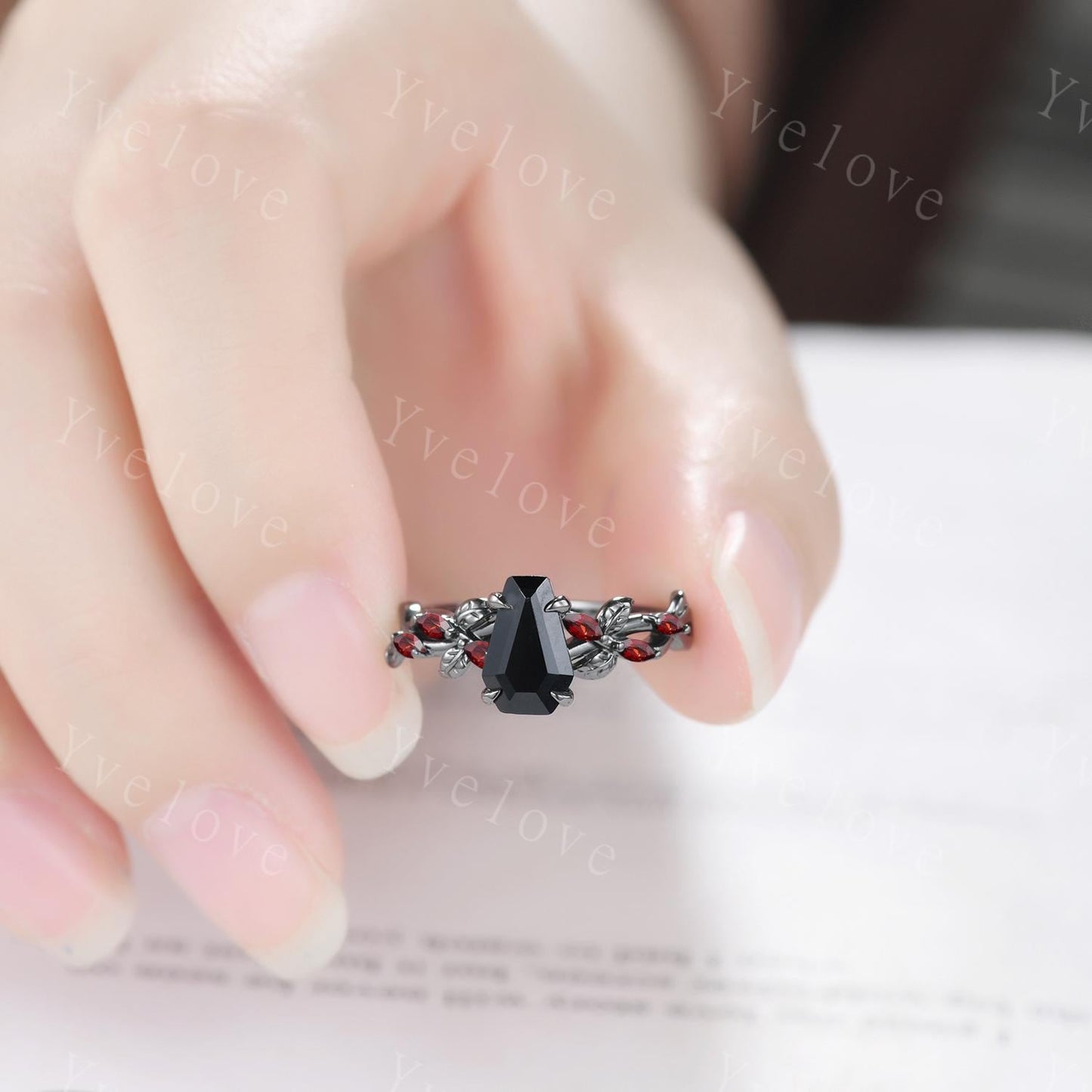 Coffin Shape Black Onyx Ring,Vintage Twig Vine Leaf Ring,Antique Red Garnet Bridal Promise Ring Set Anniversary Gift 14k Black Gold band