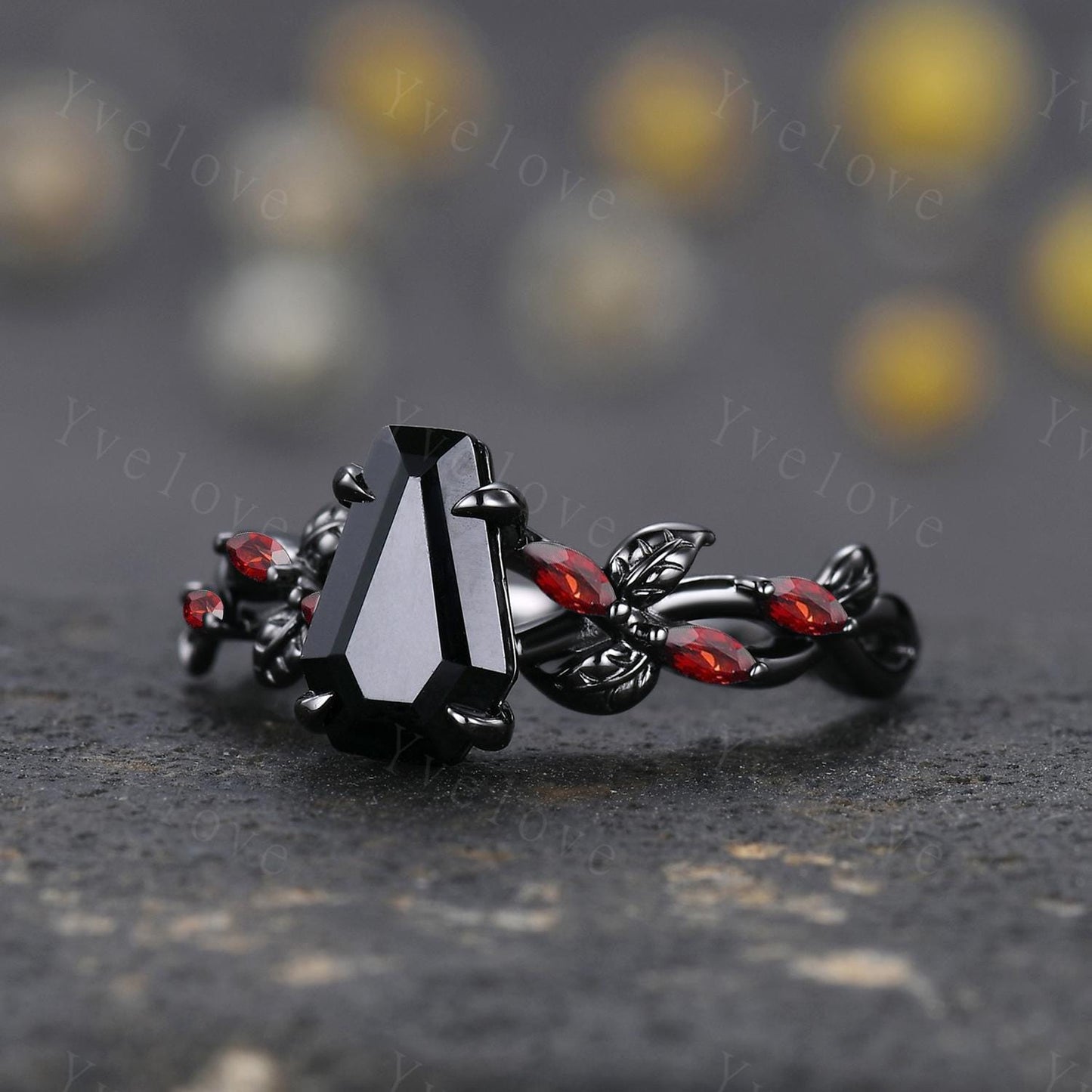 Coffin Shape Black Onyx Ring,Vintage Twig Vine Leaf Ring,Antique Red Garnet Bridal Promise Ring Set Anniversary Gift 14k Black Gold band