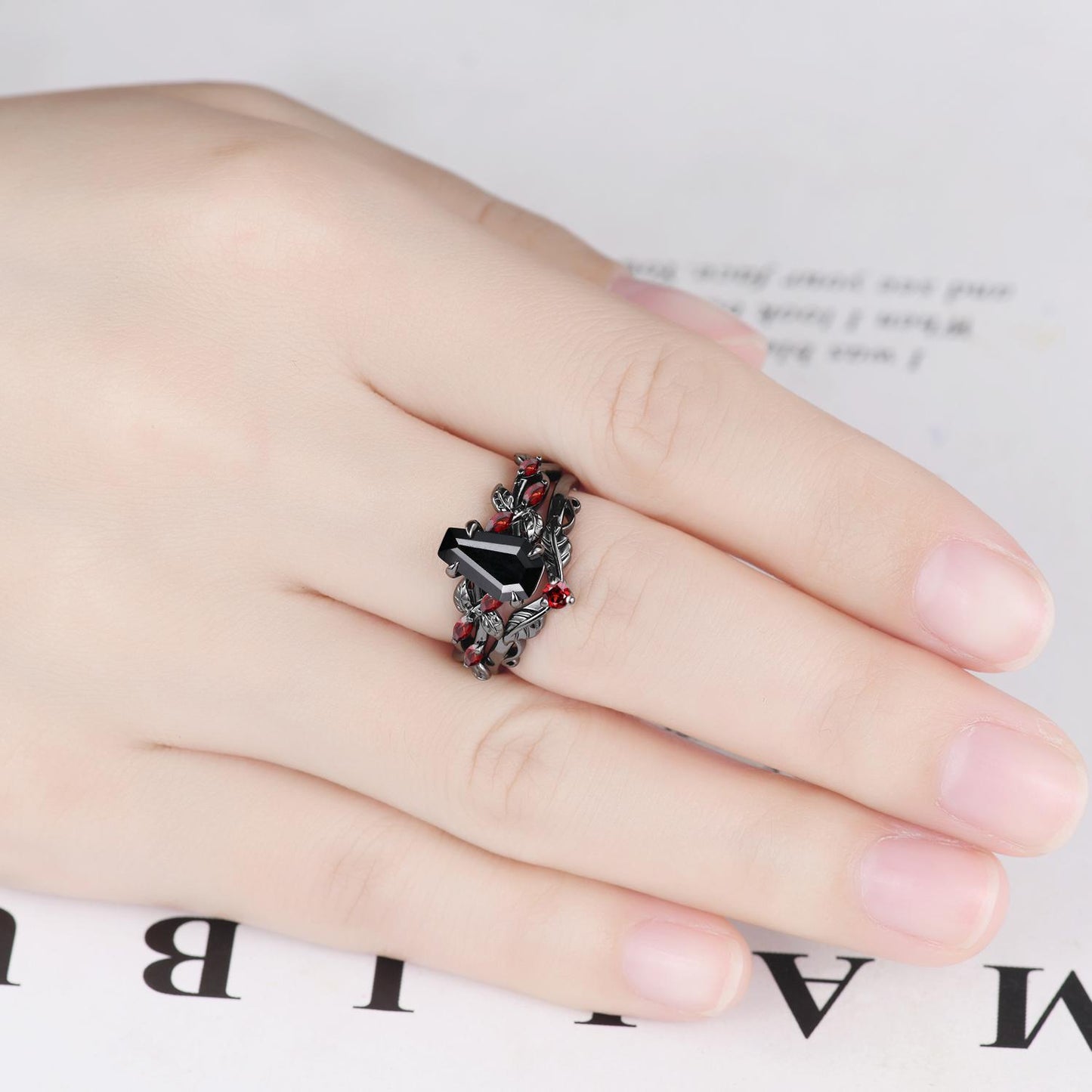 Coffin Shape Black Onyx Ring,Vintage Twig Vine Leaf Ring,Antique Red Garnet Bridal Promise Ring Set Anniversary Gift 14k Black Gold band