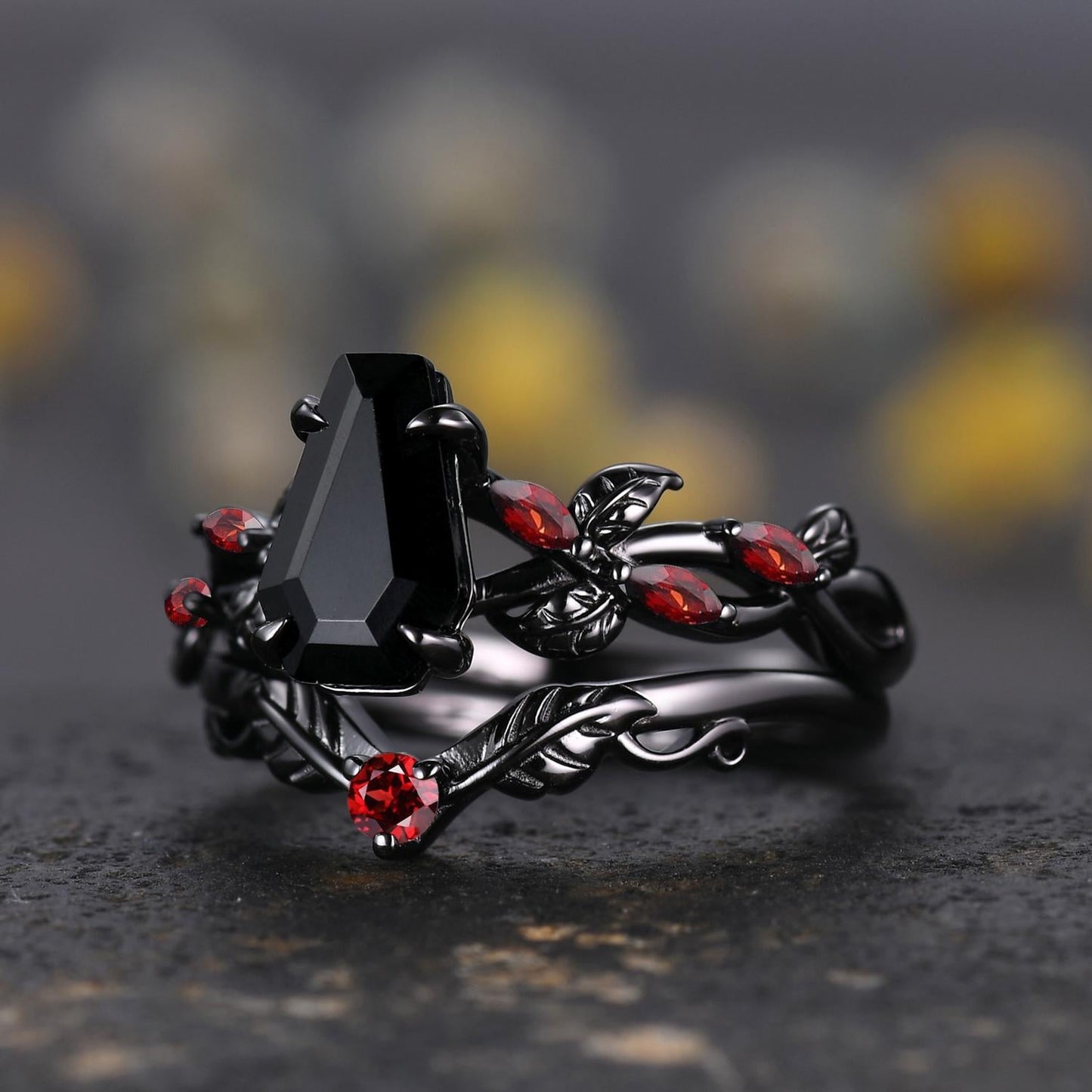 Coffin Shape Black Onyx Ring,Vintage Twig Vine Leaf Ring,Antique Red Garnet Bridal Promise Ring Set Anniversary Gift 14k Black Gold band