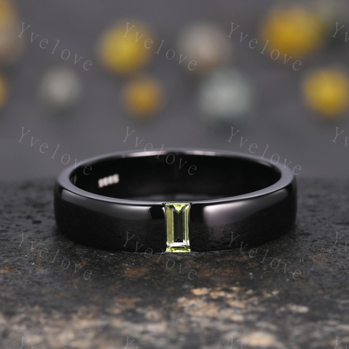 Mens Peridot Wedding Band Baguette Shaped Peridot Band 5mm Solid Black Gold Ring Mens Stacking Matching Band Retro Vintage Ring Gift Custom