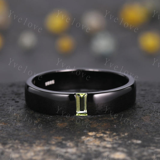 Mens Peridot Wedding Band Baguette Shaped Peridot Band 5mm Solid Black Gold Ring Mens Stacking Matching Band Retro Vintage Ring Gift Custom